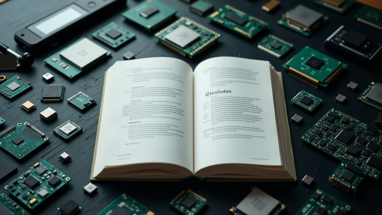 Imagem de um Livro aberto em cima de uma placa de chips - Gerado por IA
