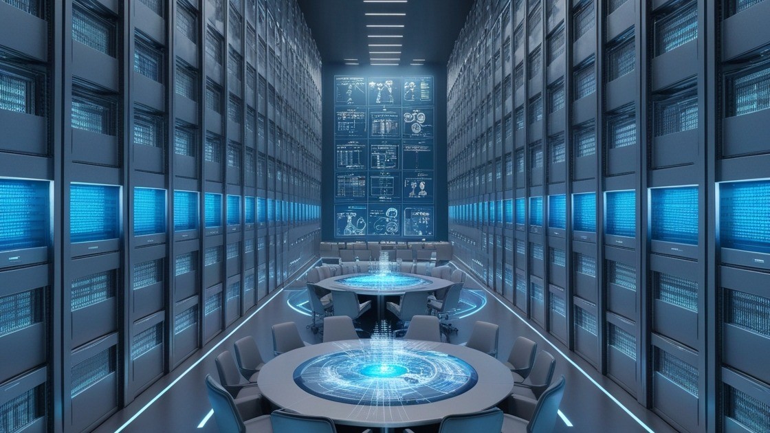 Imagem de uma sala dentro de um servidor de dados imenso e totalmente tecnológico - Gerado por IA