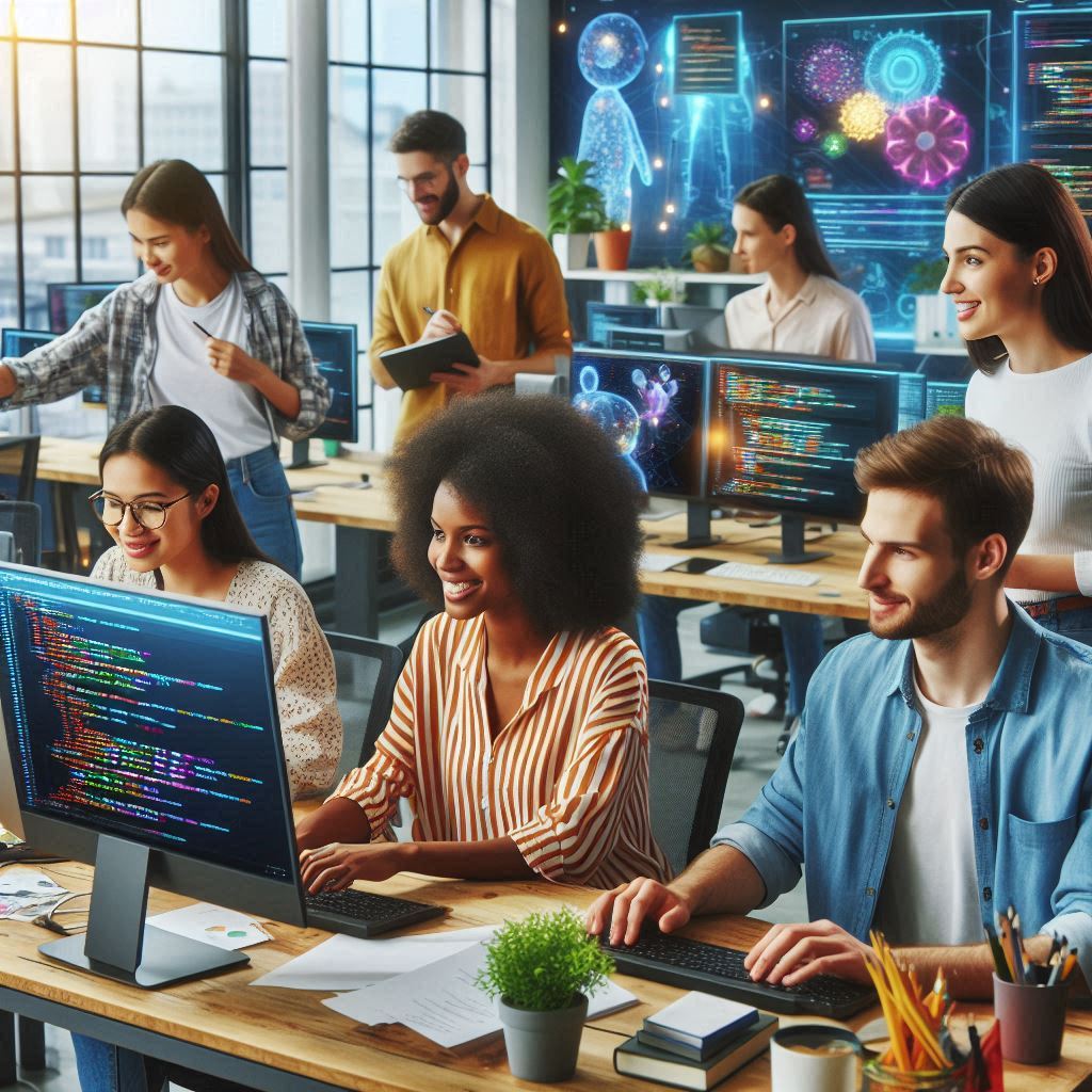 Várias pessoas em uma sala desenvolendo software - Gerado por IA